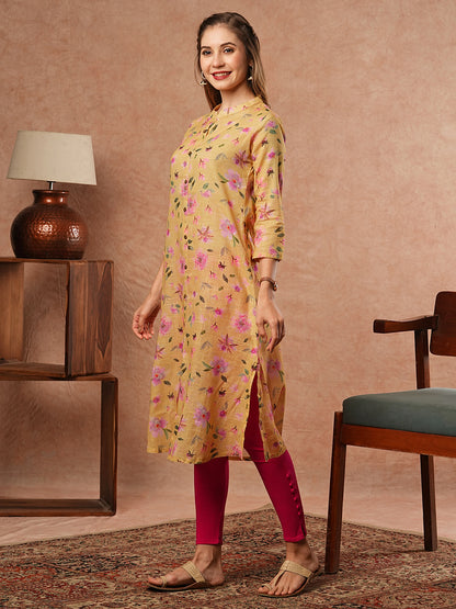 Vintage Floral Printed A-Line Kurta - Yellow