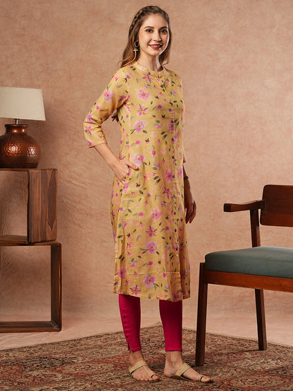 Vintage Floral Printed A-Line Kurta - Yellow