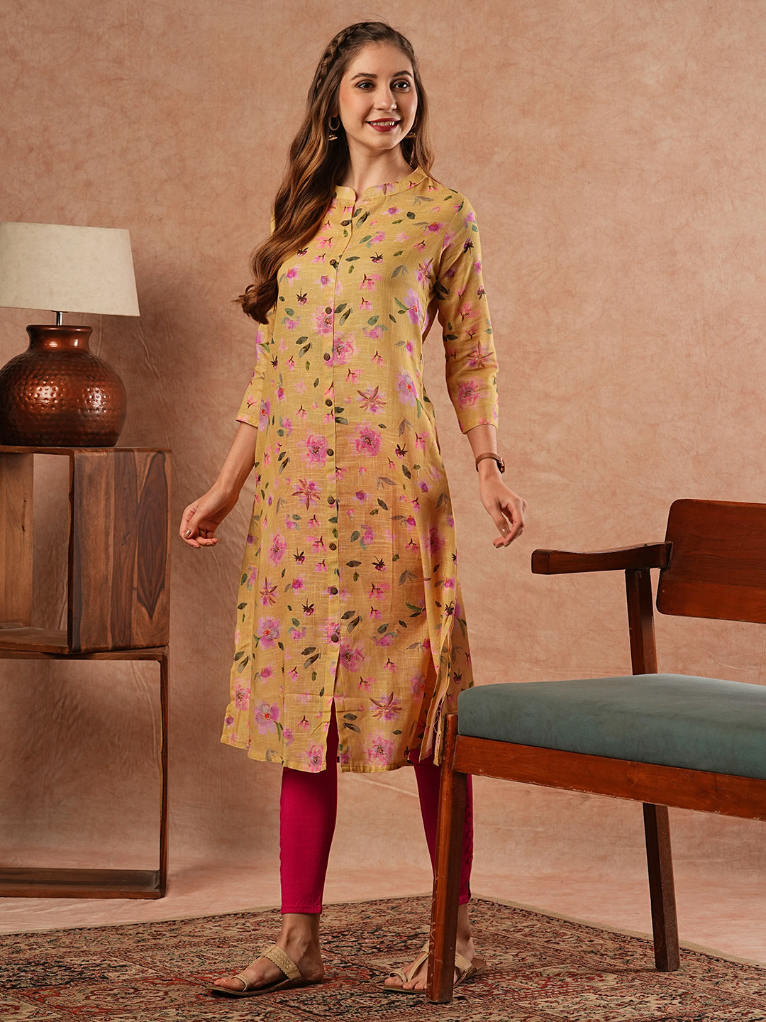 Vintage Floral Printed A-Line Kurta - Yellow