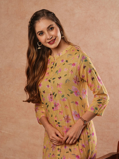 Vintage Floral Printed A-Line Kurta - Yellow