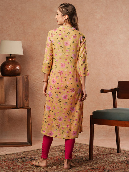 Vintage Floral Printed A-Line Kurta - Yellow