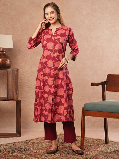 Floral Printed Paneled A-line Kurta - Maroon