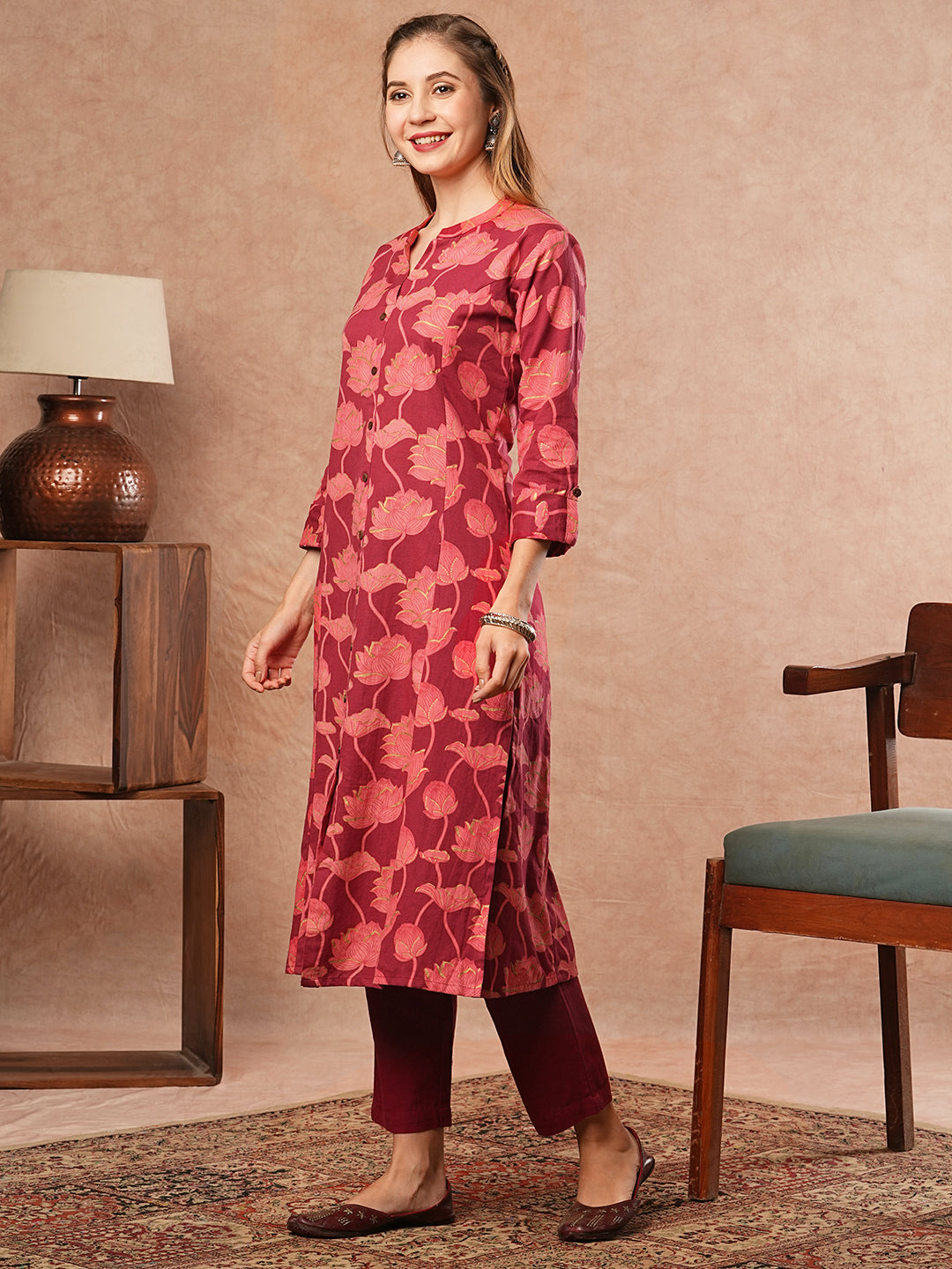 Floral Printed Paneled A-line Kurta - Maroon