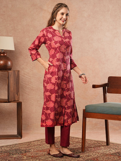 Floral Printed Paneled A-line Kurta - Maroon