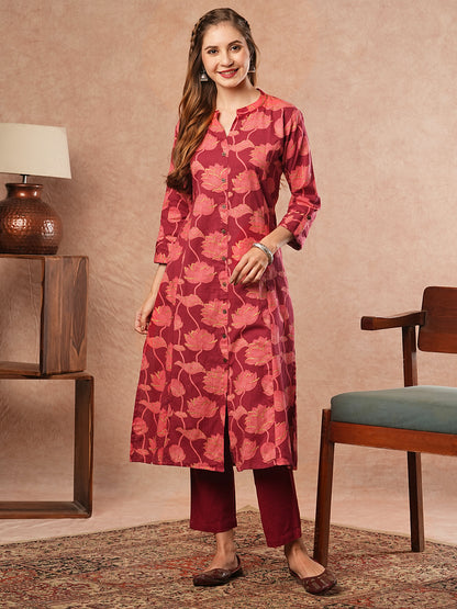 Floral Printed Paneled A-line Kurta - Maroon