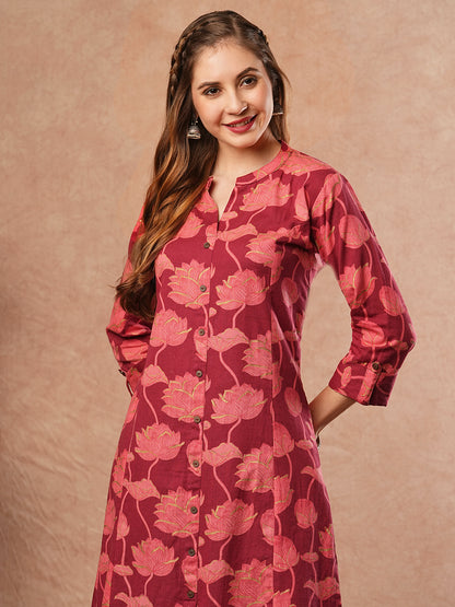 Floral Printed Paneled A-line Kurta - Maroon