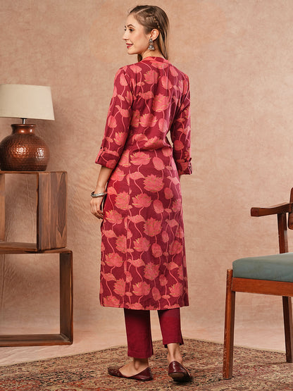 Floral Printed Paneled A-line Kurta - Maroon