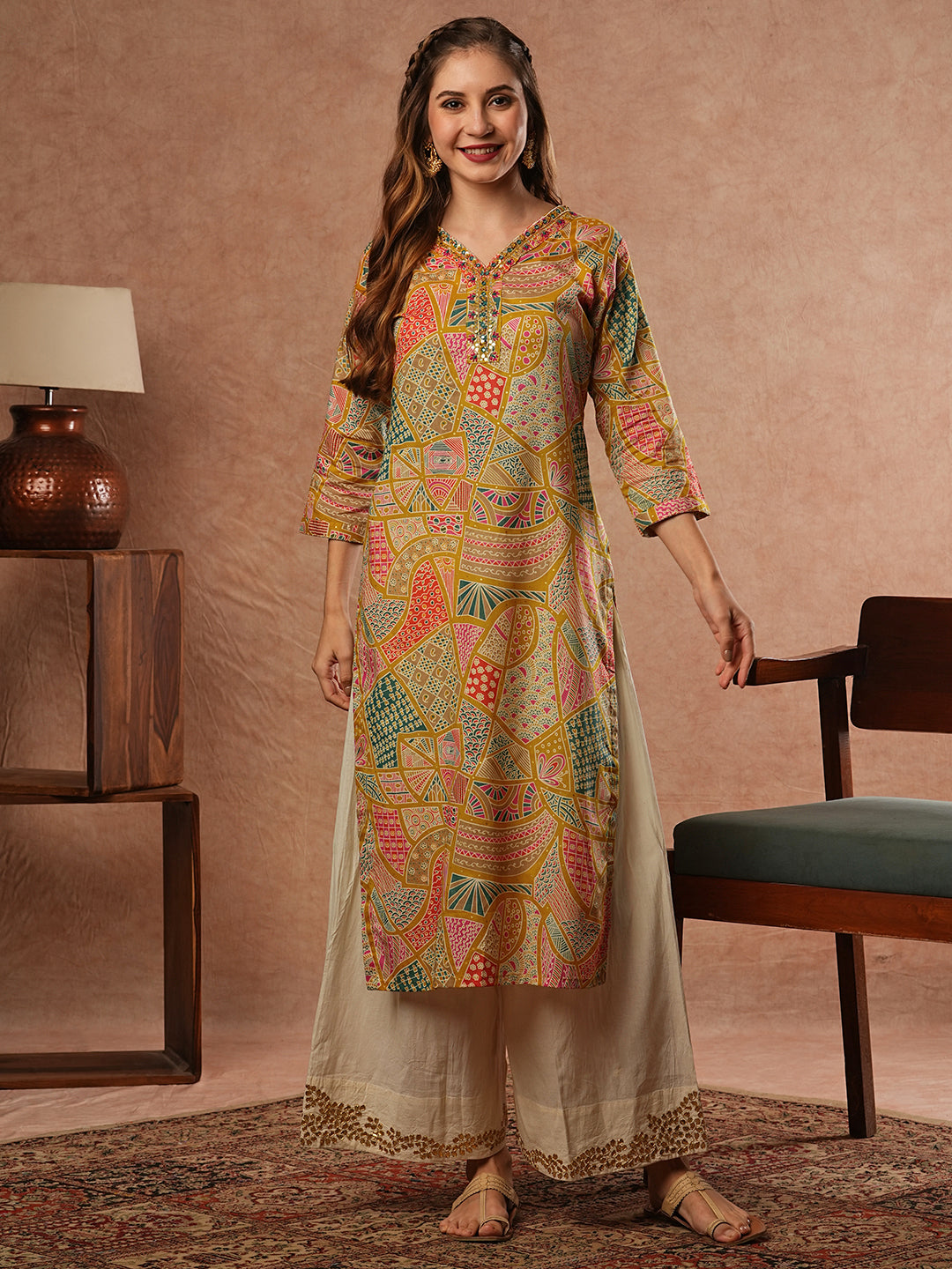 Abstract & Ethnic Printed Mirror, Resham & Sequins Embroidered Kurta - Multi