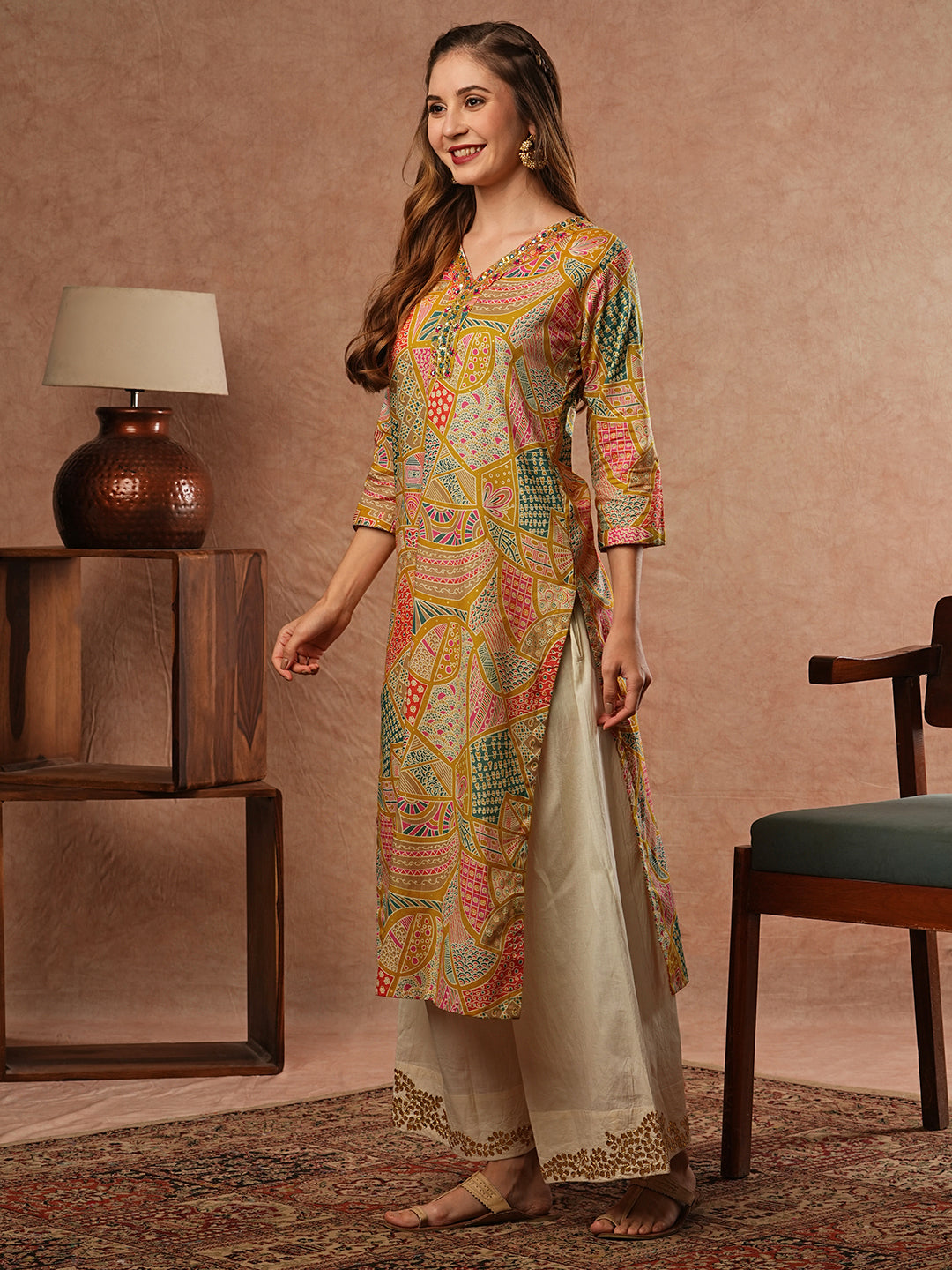 Abstract & Ethnic Printed Mirror, Resham & Sequins Embroidered Kurta - Multi