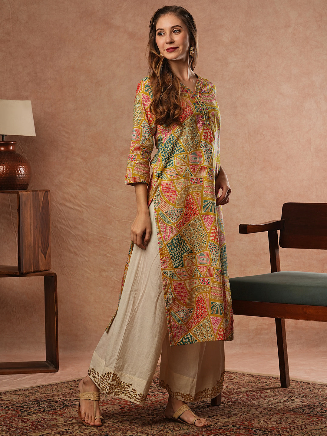 Abstract & Ethnic Printed Mirror, Resham & Sequins Embroidered Kurta - Multi