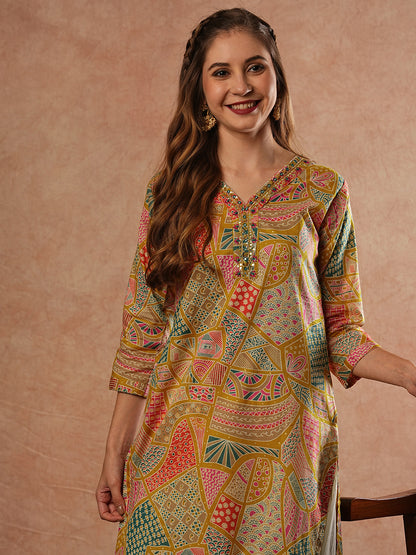 Abstract & Ethnic Printed Mirror, Resham & Sequins Embroidered Kurta - Multi