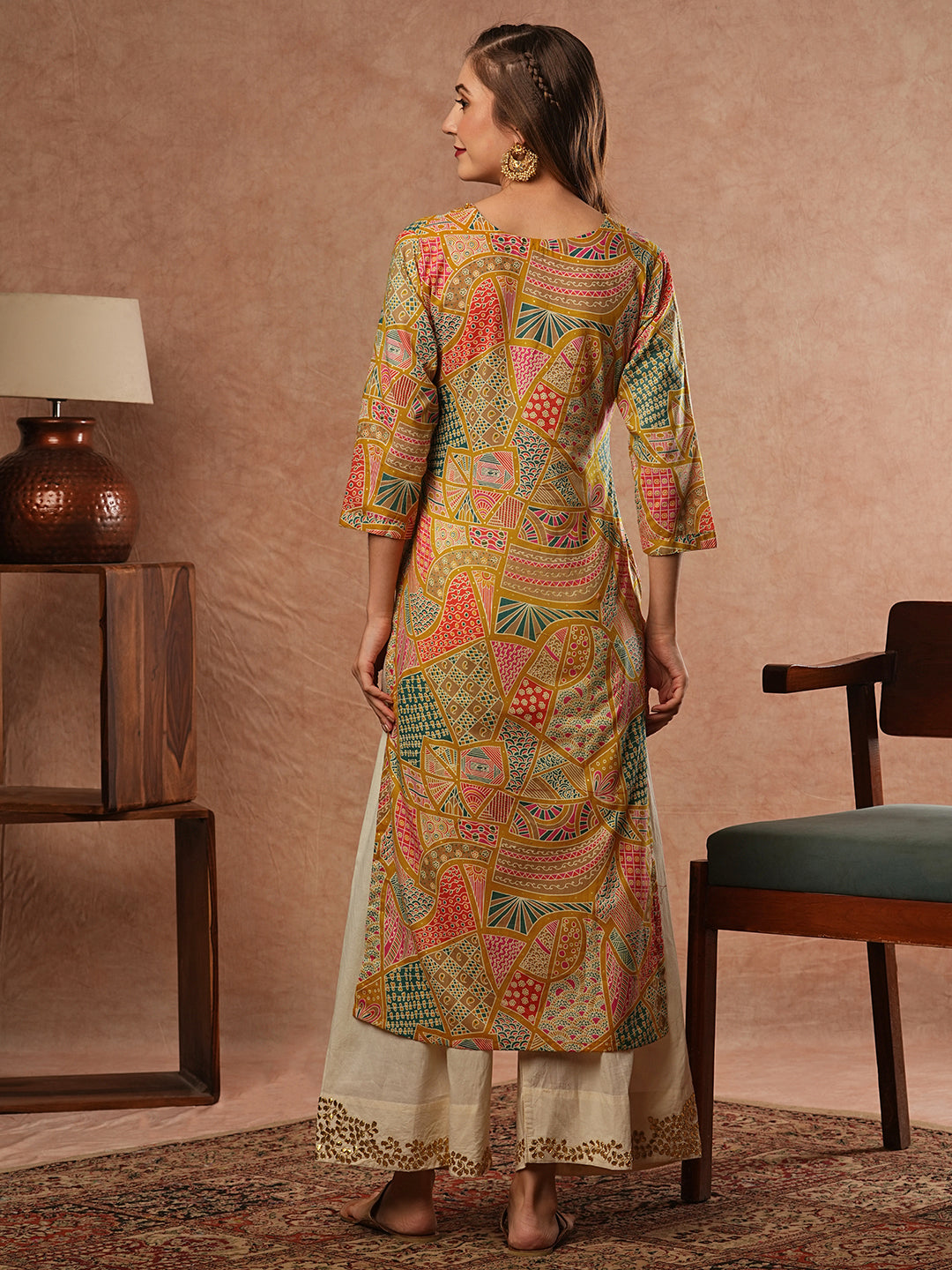 Abstract & Ethnic Printed Mirror, Resham & Sequins Embroidered Kurta - Multi