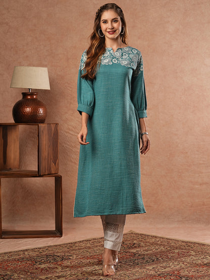 Floral Printed Stone Embellished Kurta - Blue