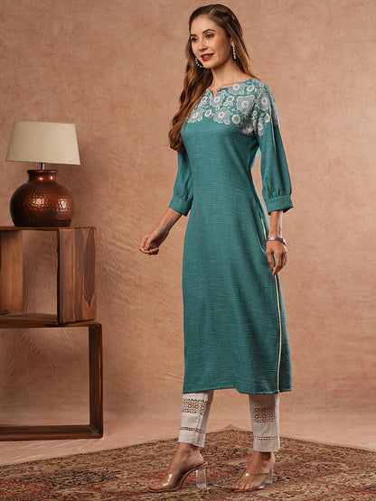 Floral Printed Stone Embellished Kurta - Blue