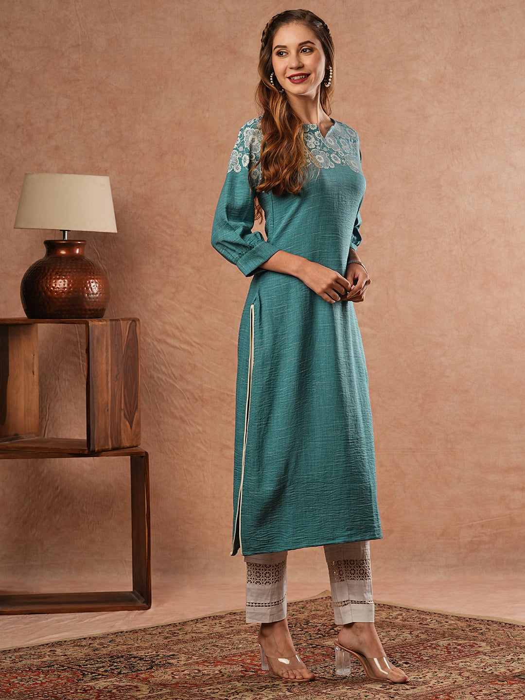 Floral Printed Stone Embellished Kurta - Blue