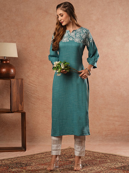 Floral Printed Stone Embellished Kurta - Blue