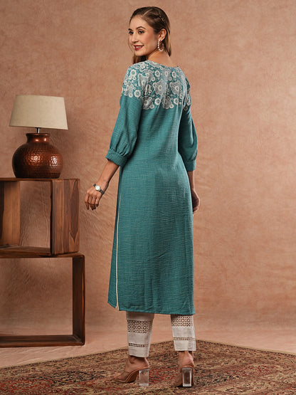 Floral Printed Stone Embellished Kurta - Blue