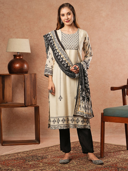 Abstract Printed Stone & Beads Embroidered Kurta with Pants & Dupatta - Off White