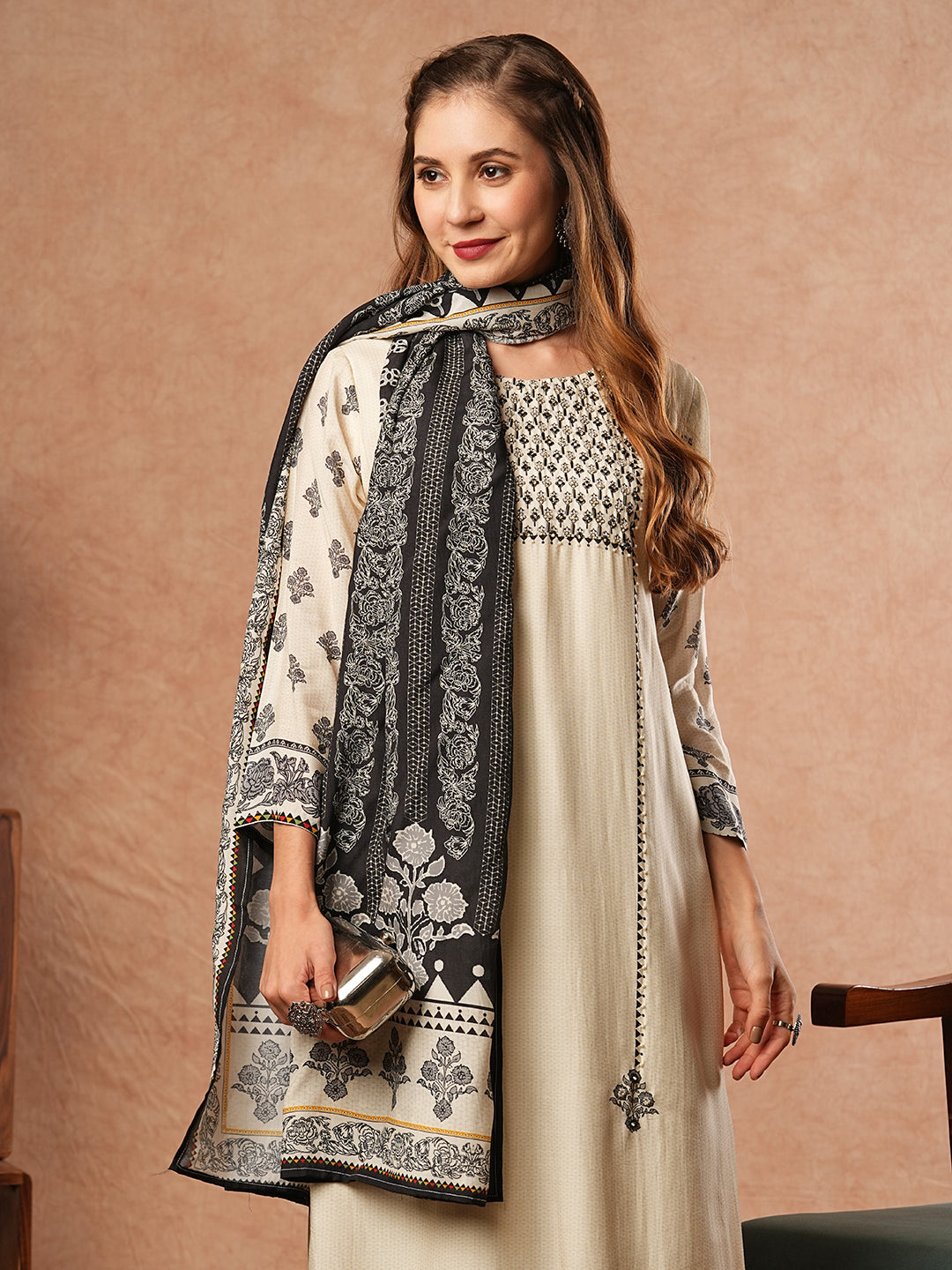 Abstract Printed Stone & Beads Embroidered Kurta with Pants & Dupatta - Off White