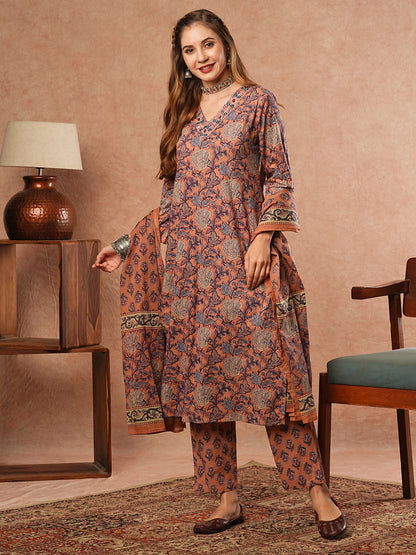 Floral Printed Mirror & Resham Embroidered Kurta with Pants & Dupatta - Multi