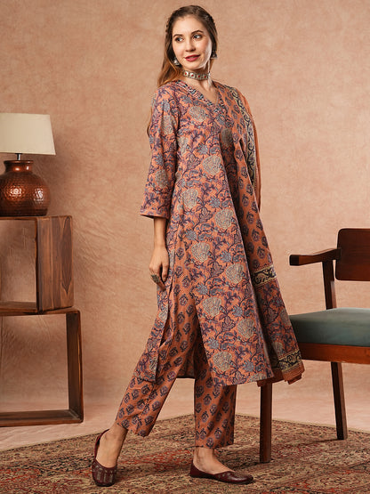 Floral Printed Mirror & Resham Embroidered Kurta with Pants & Dupatta - Multi