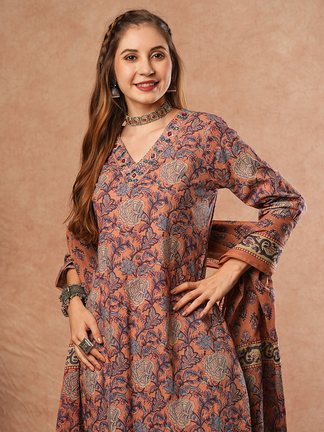 Floral Printed Mirror & Resham Embroidered Kurta with Pants & Dupatta - Multi