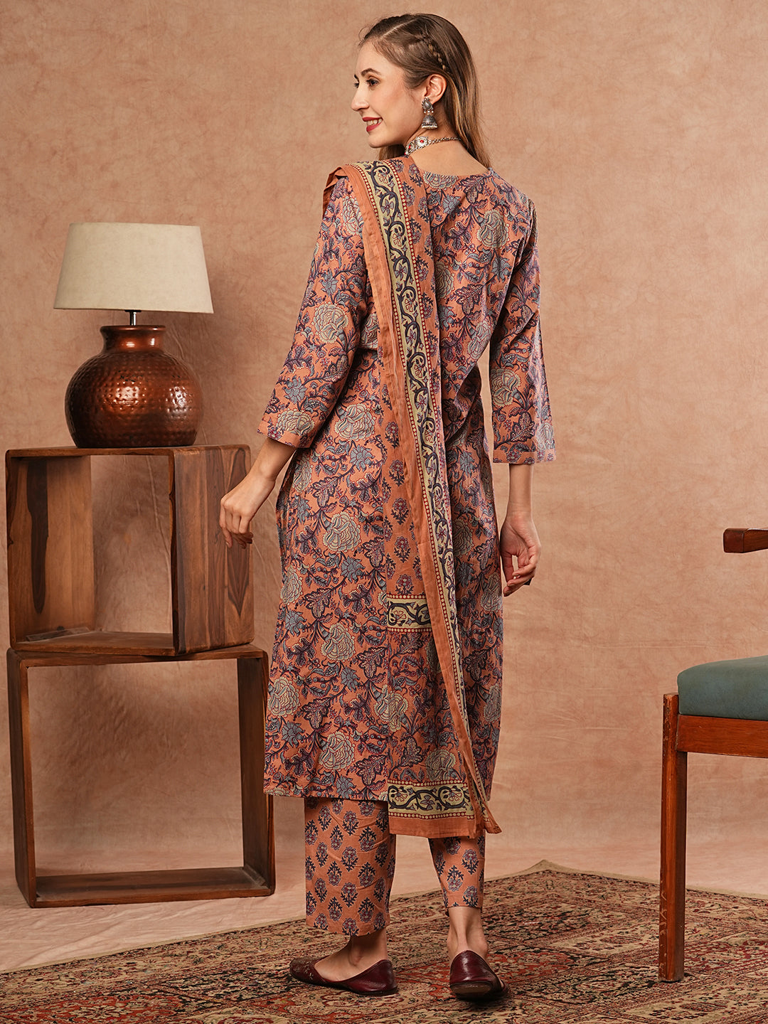 Floral Printed Mirror & Resham Embroidered Kurta with Pants & Dupatta - Multi