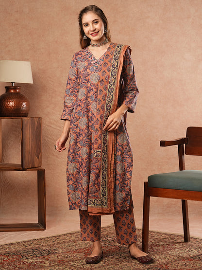 Floral Printed Mirror & Resham Embroidered Kurta with Pants & Dupatta - Multi