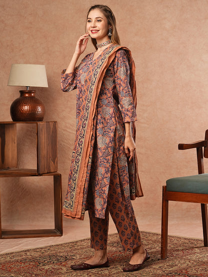 Floral Printed Mirror & Resham Embroidered Kurta with Pants & Dupatta - Multi