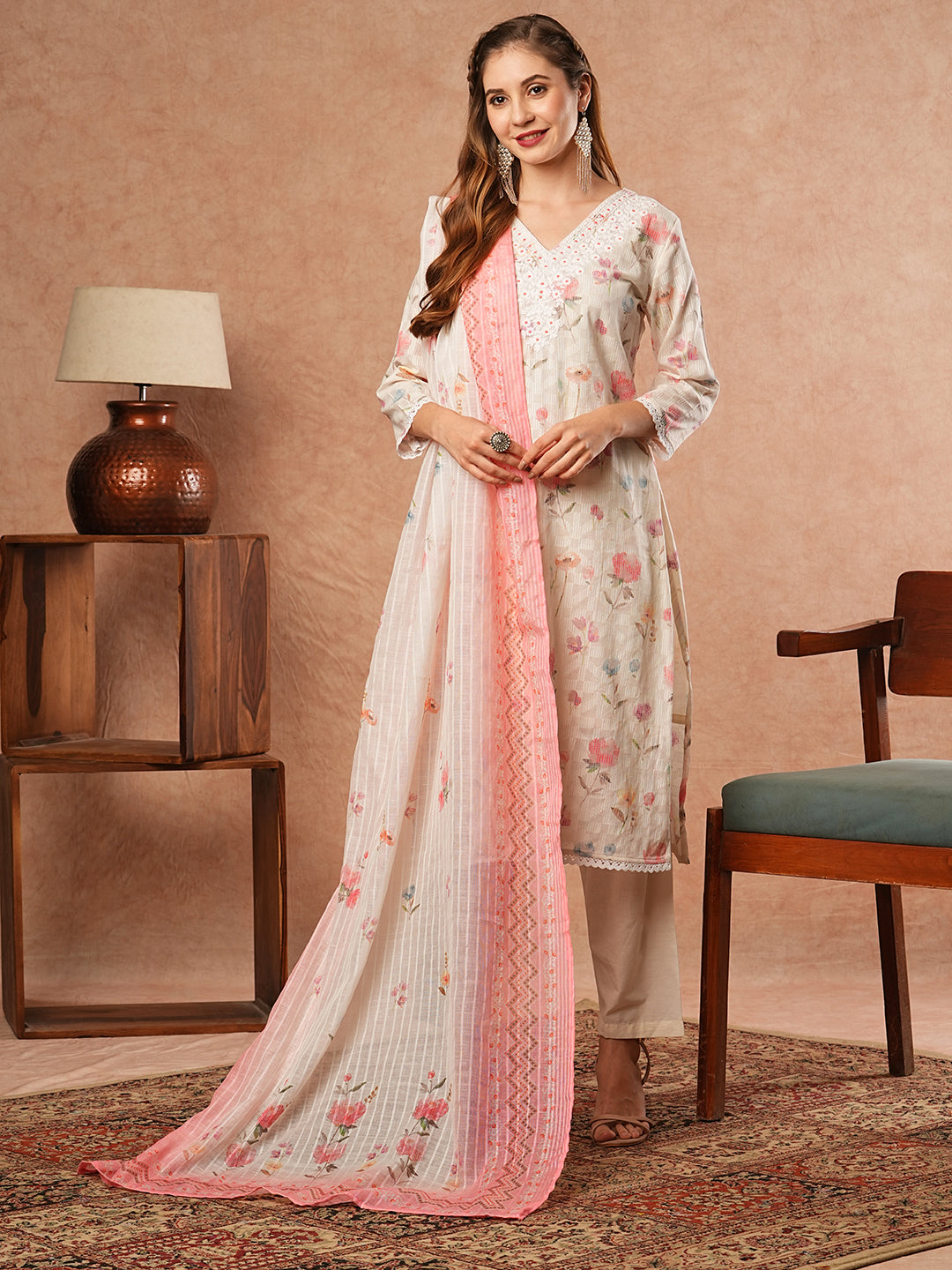 Floral Printed & Chikankari Embroidered Kurta with Pant & Dupatta - Off White