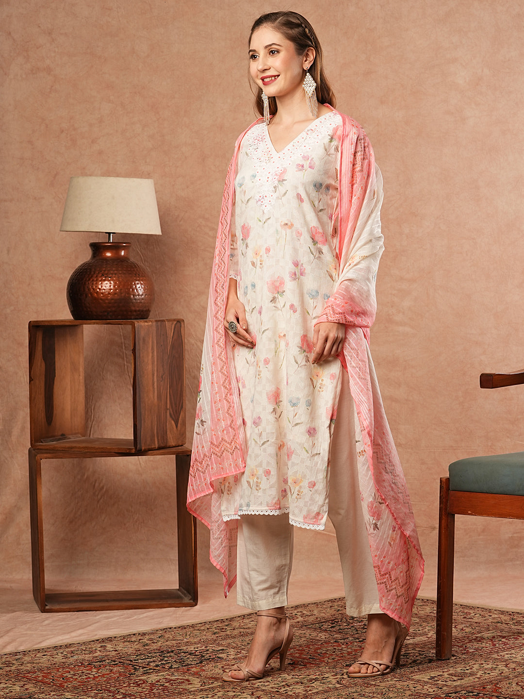 Floral Printed & Chikankari Embroidered Kurta with Pant & Dupatta - Off White