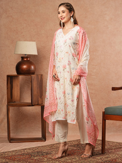 Floral Printed & Chikankari Embroidered Kurta with Pant & Dupatta - Off White