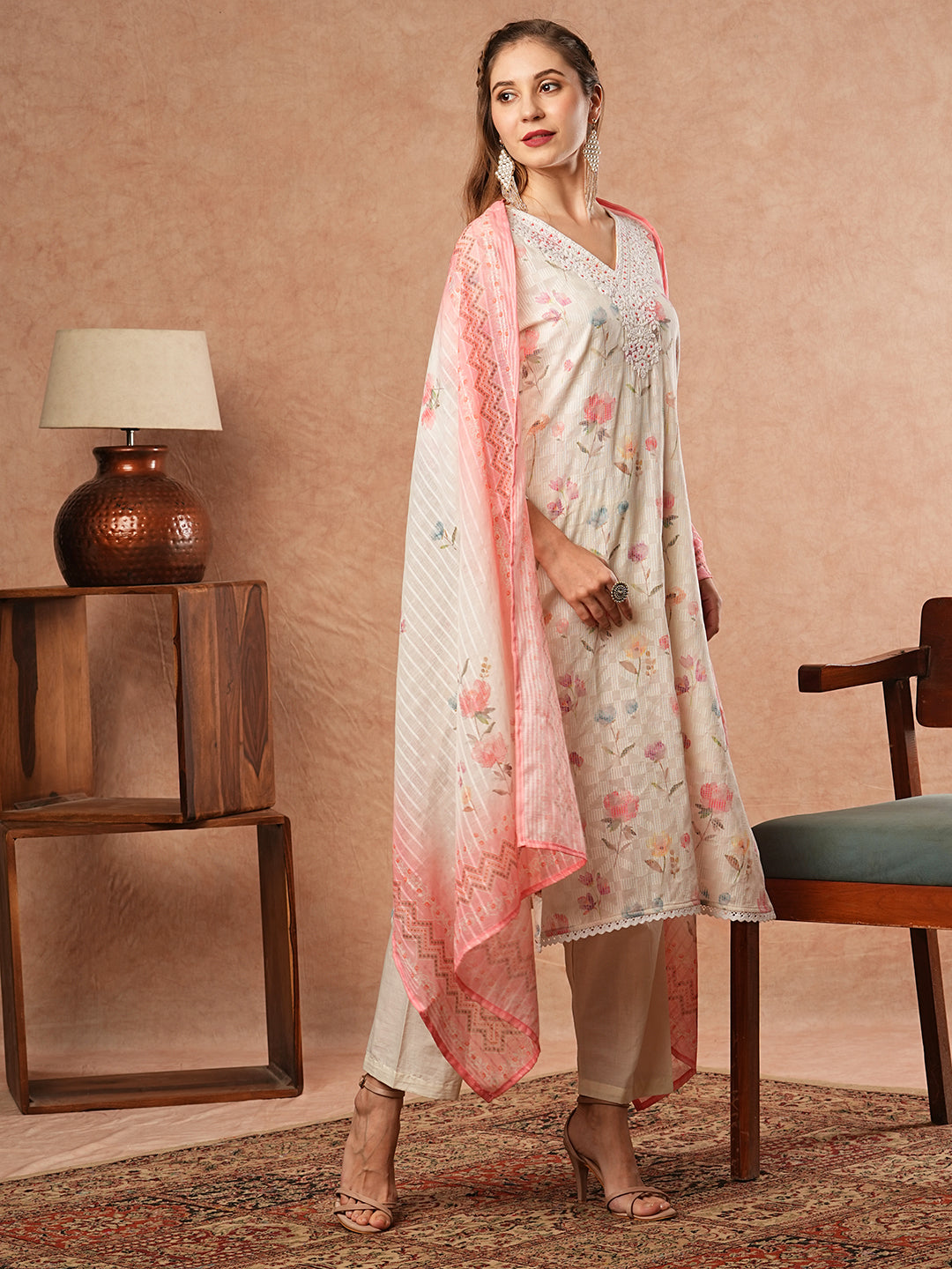 Floral Printed & Chikankari Embroidered Kurta with Pant & Dupatta - Off White