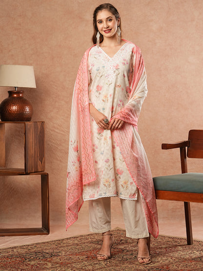 Floral Printed & Chikankari Embroidered Kurta with Pant & Dupatta - Off White