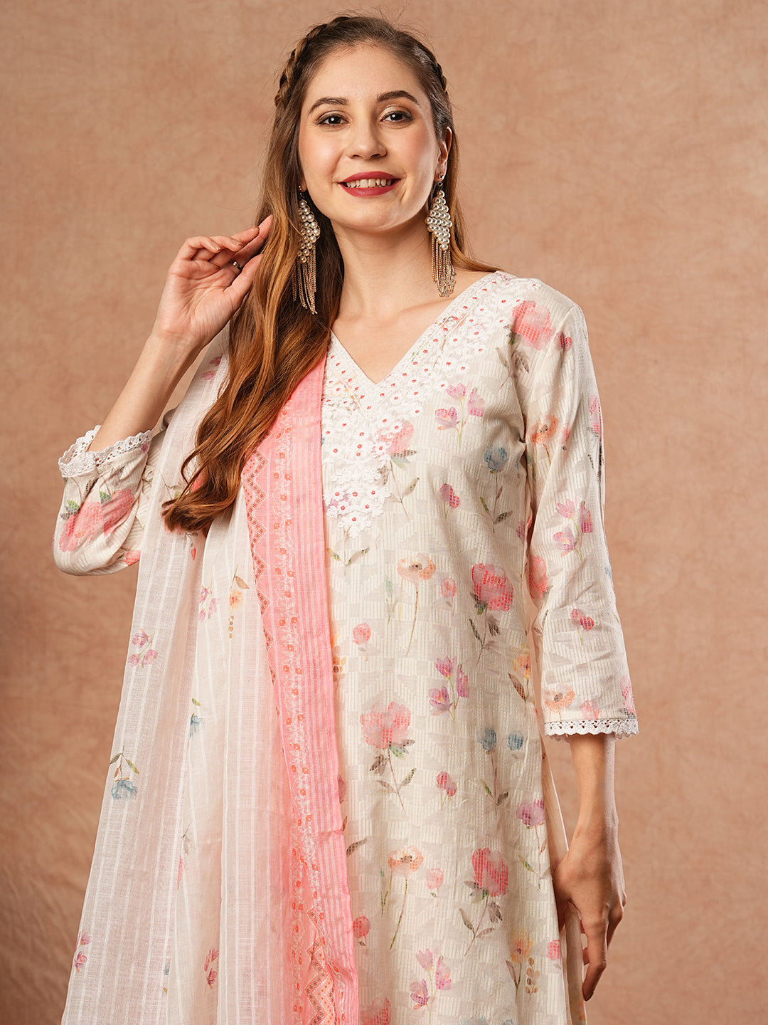 Floral Printed & Chikankari Embroidered Kurta with Pant & Dupatta - Off White