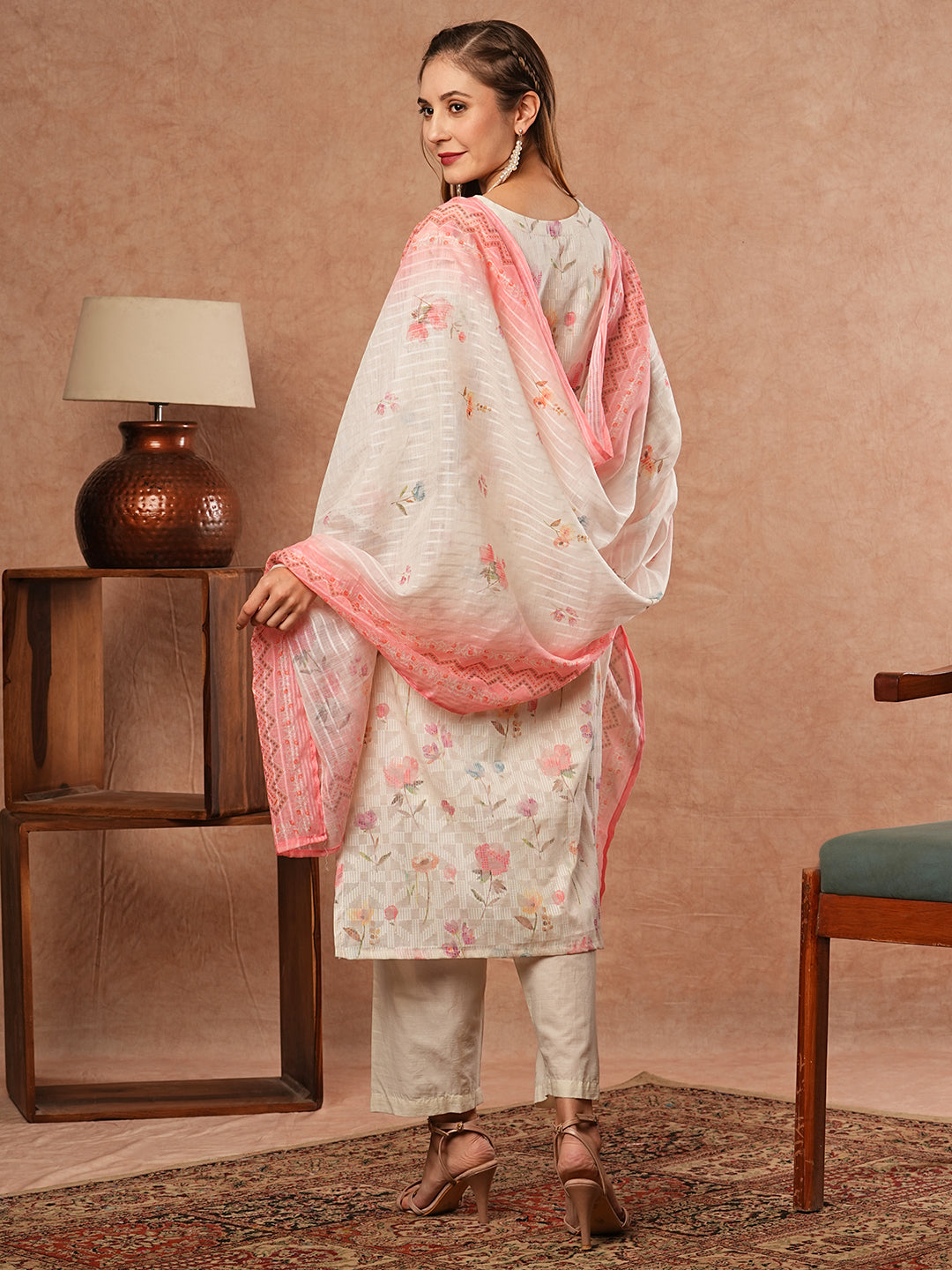 Floral Printed & Chikankari Embroidered Kurta with Pant & Dupatta - Off White