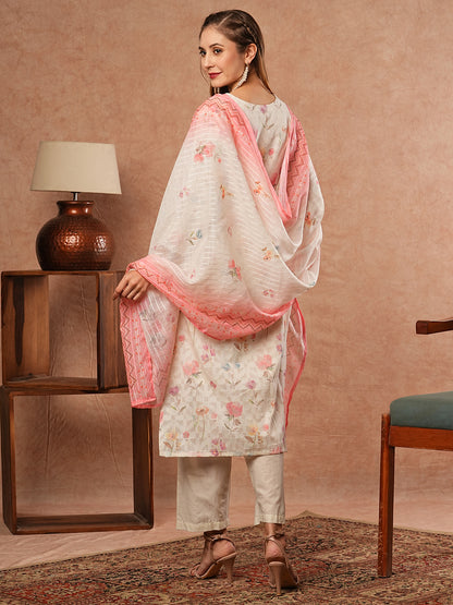 Floral Printed & Chikankari Embroidered Kurta with Pant & Dupatta - Off White