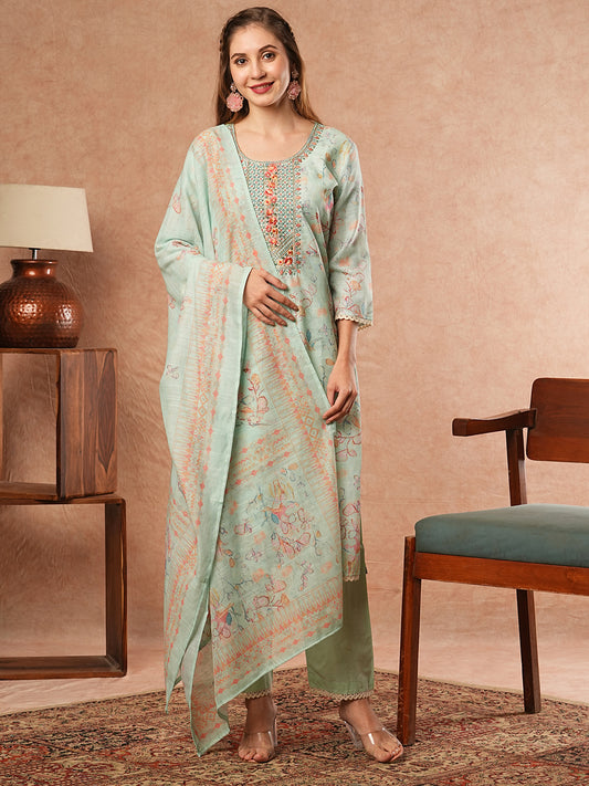 Floral Printed & Embroidered Kurta with Pant & Dupatta - Green