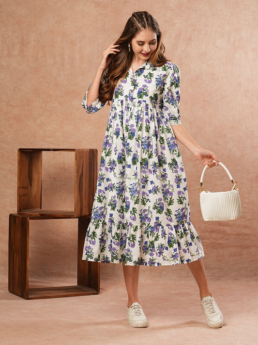 Floral Printed A-Line Tiered Flared Cotton Midi Dress - White