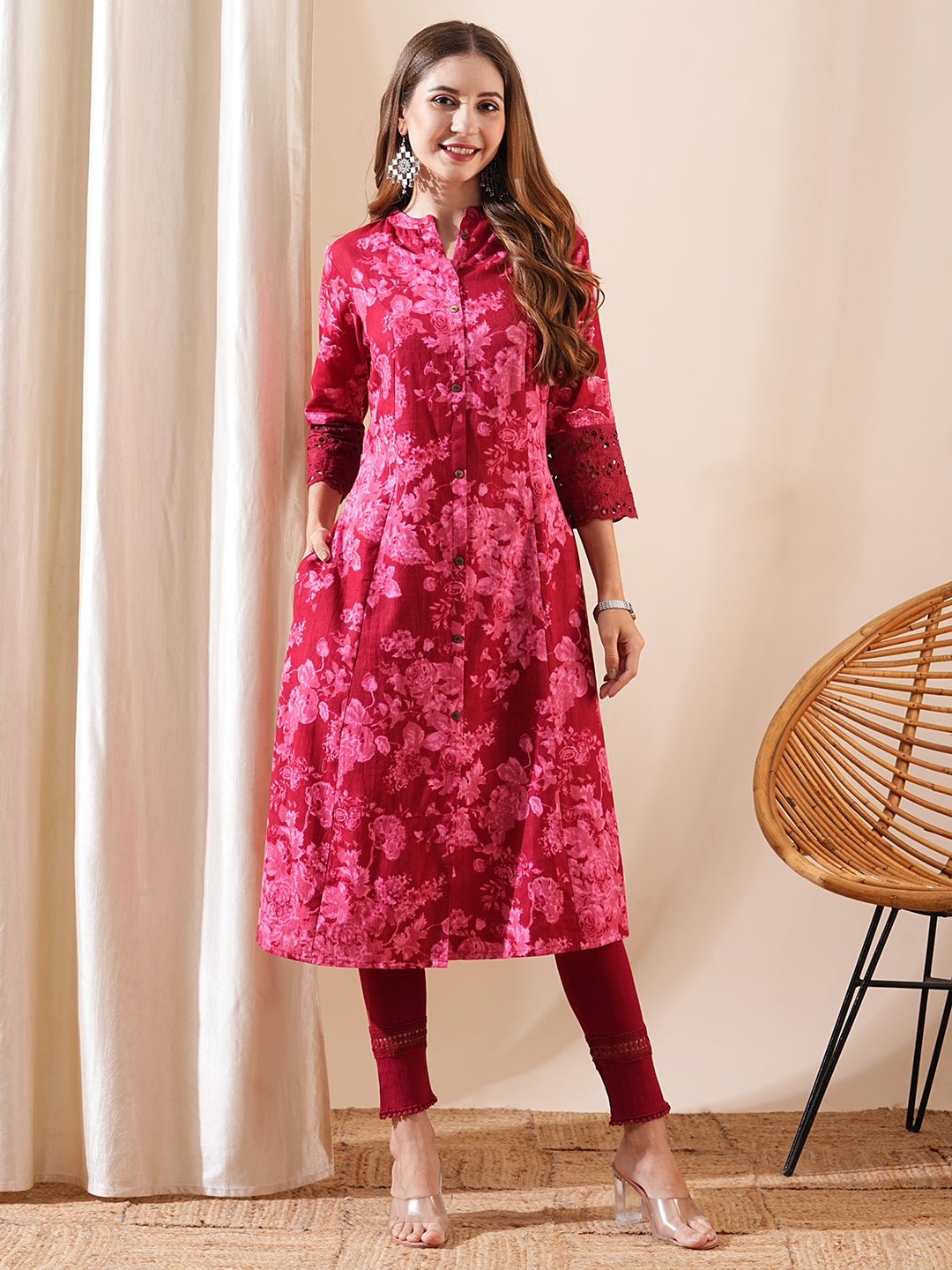 Floral Printed Schiffili Lace Embellished A-line Kurta - Maroon & Pink