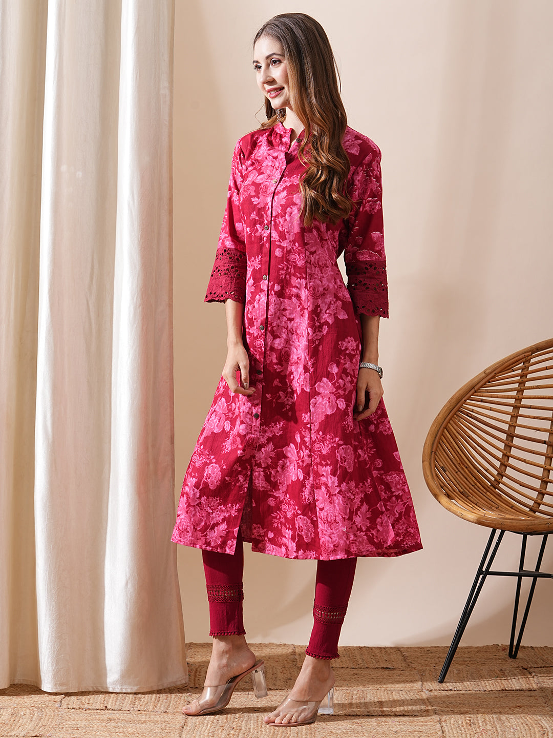 Floral Printed Schiffili Lace Embellished A-line Kurta - Maroon & Pink