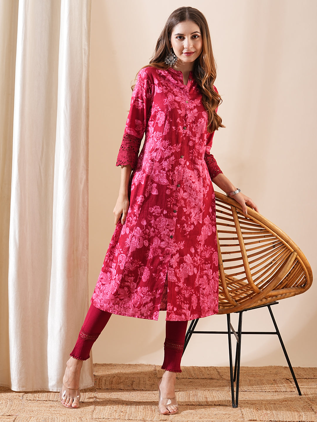 Floral Printed Schiffili Lace Embellished A-line Kurta - Maroon & Pink