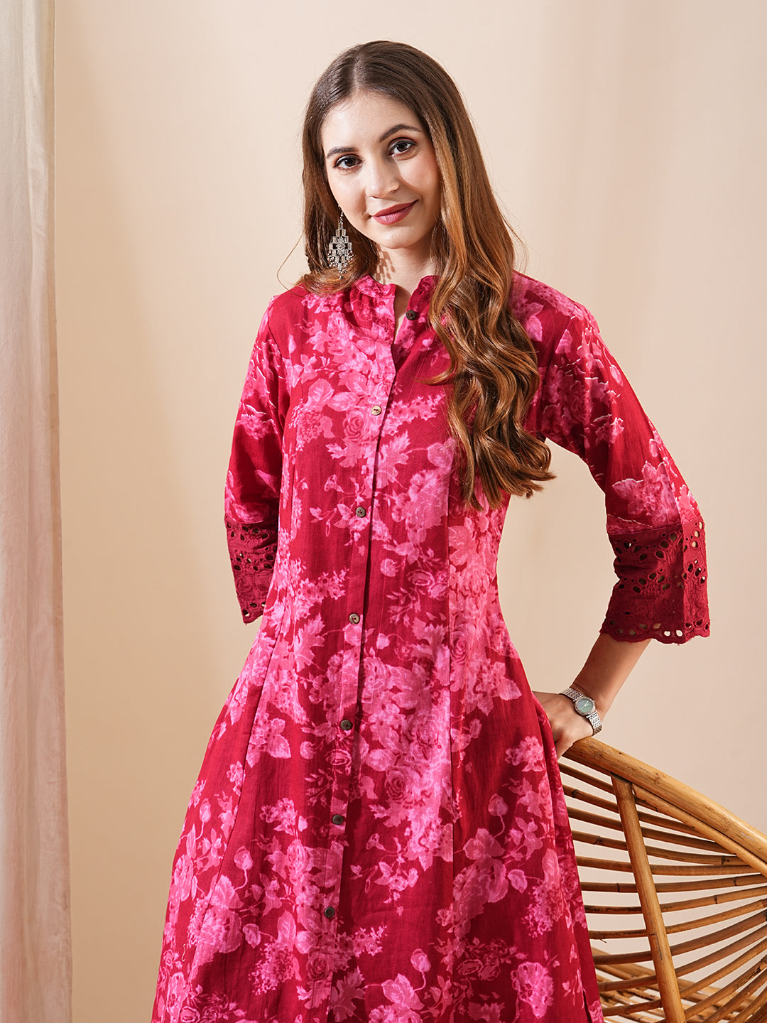 Floral Printed Schiffili Lace Embellished A-line Kurta - Maroon & Pink