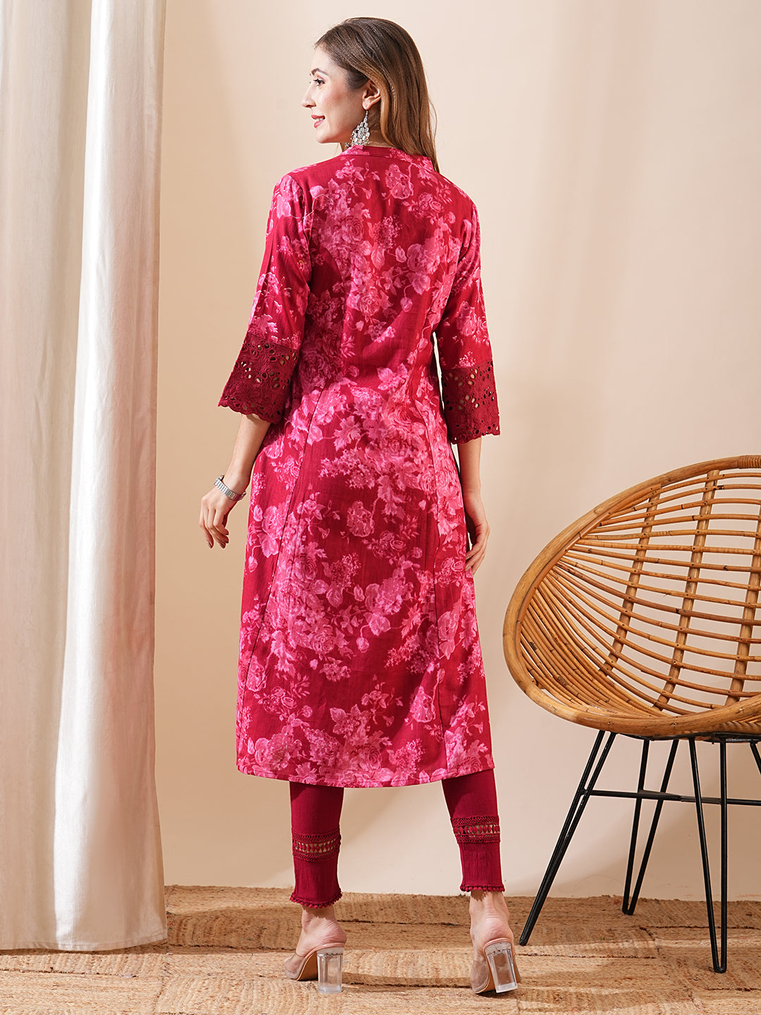 Floral Printed Schiffili Lace Embellished A-line Kurta - Maroon & Pink