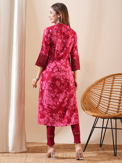 Floral Printed Schiffili Lace Embellished A-line Kurta - Maroon & Pink