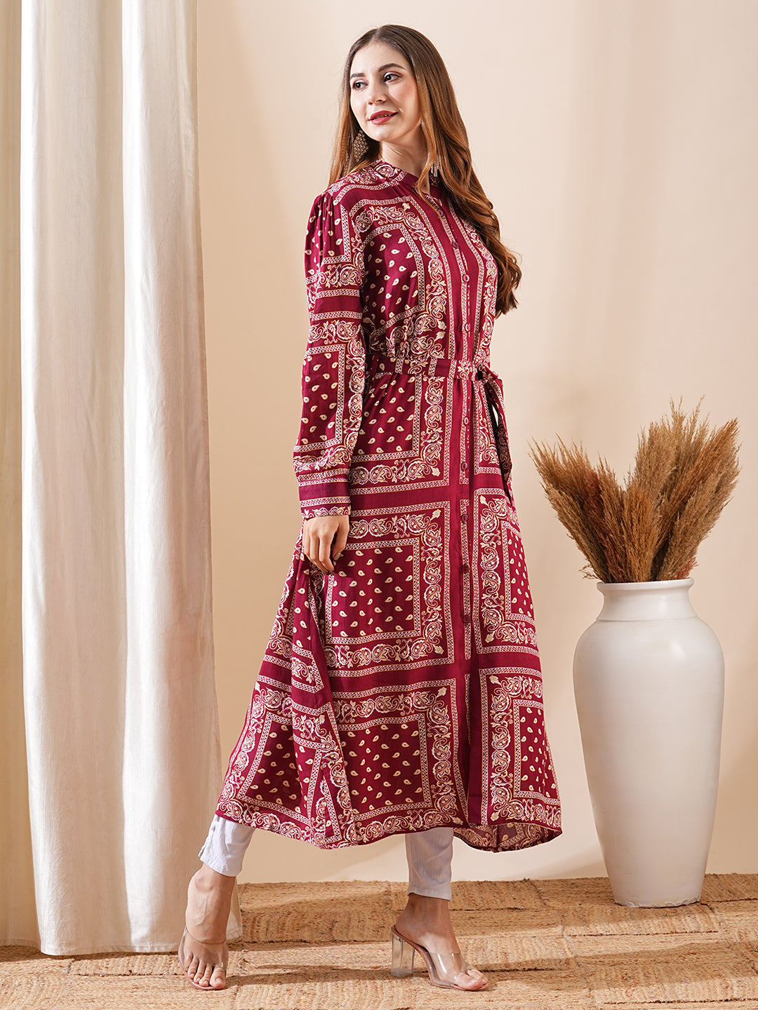 Ethnic Floral Printed Straight Fit Kurta with Tie Ups - Maroon