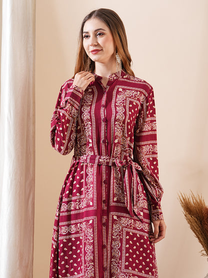 Ethnic Floral Printed Straight Fit Kurta with Tie Ups - Maroon