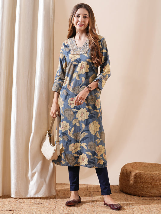 Ethnic Floral Printed & Embroidered Straight Fit Kurta - Blue