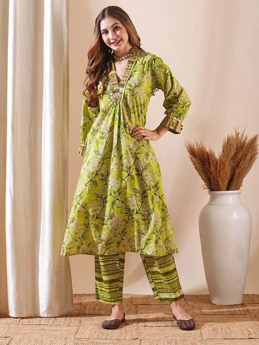 Abstract Floral Printed & Boho-Embroidered A-Line Kurta with Pant - Lime Green