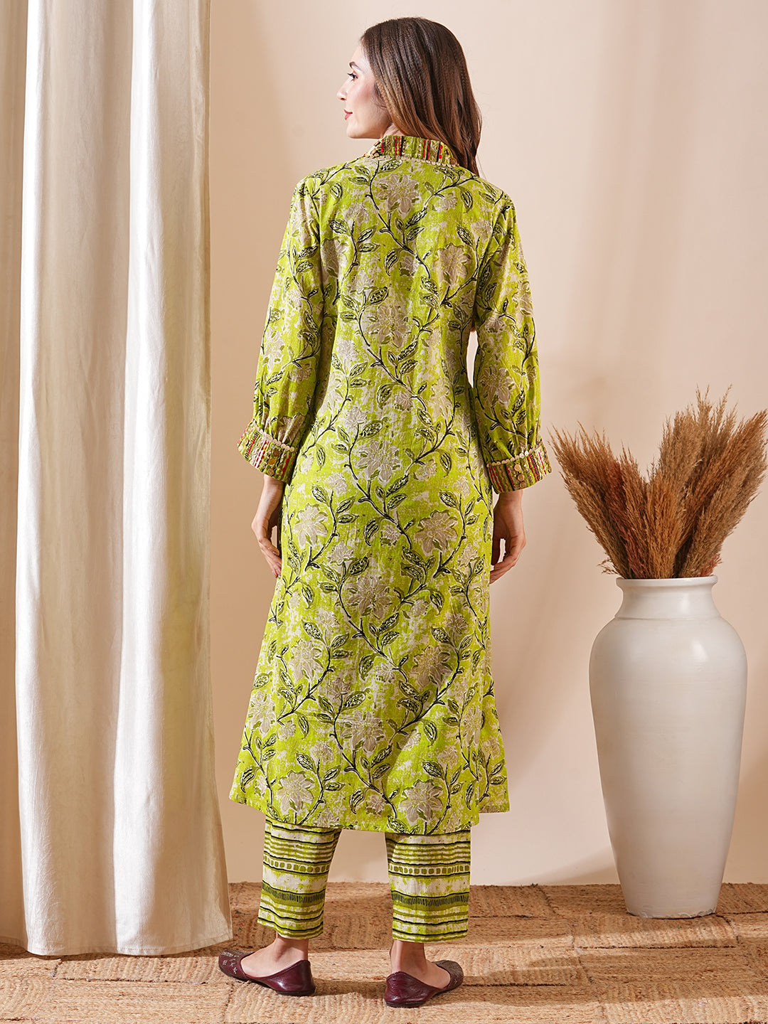 Abstract Floral Printed & Boho-Embroidered A-Line Kurta with Pant - Lime Green
